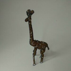 Handmade Beaded African Art GIRAFFE Animal Wire Sculpture Gold Black White Beads